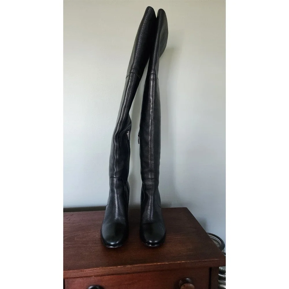 Via Spiga Beline Over The Knee Boots Black Pebbled Leather Block Heel Size 6 M